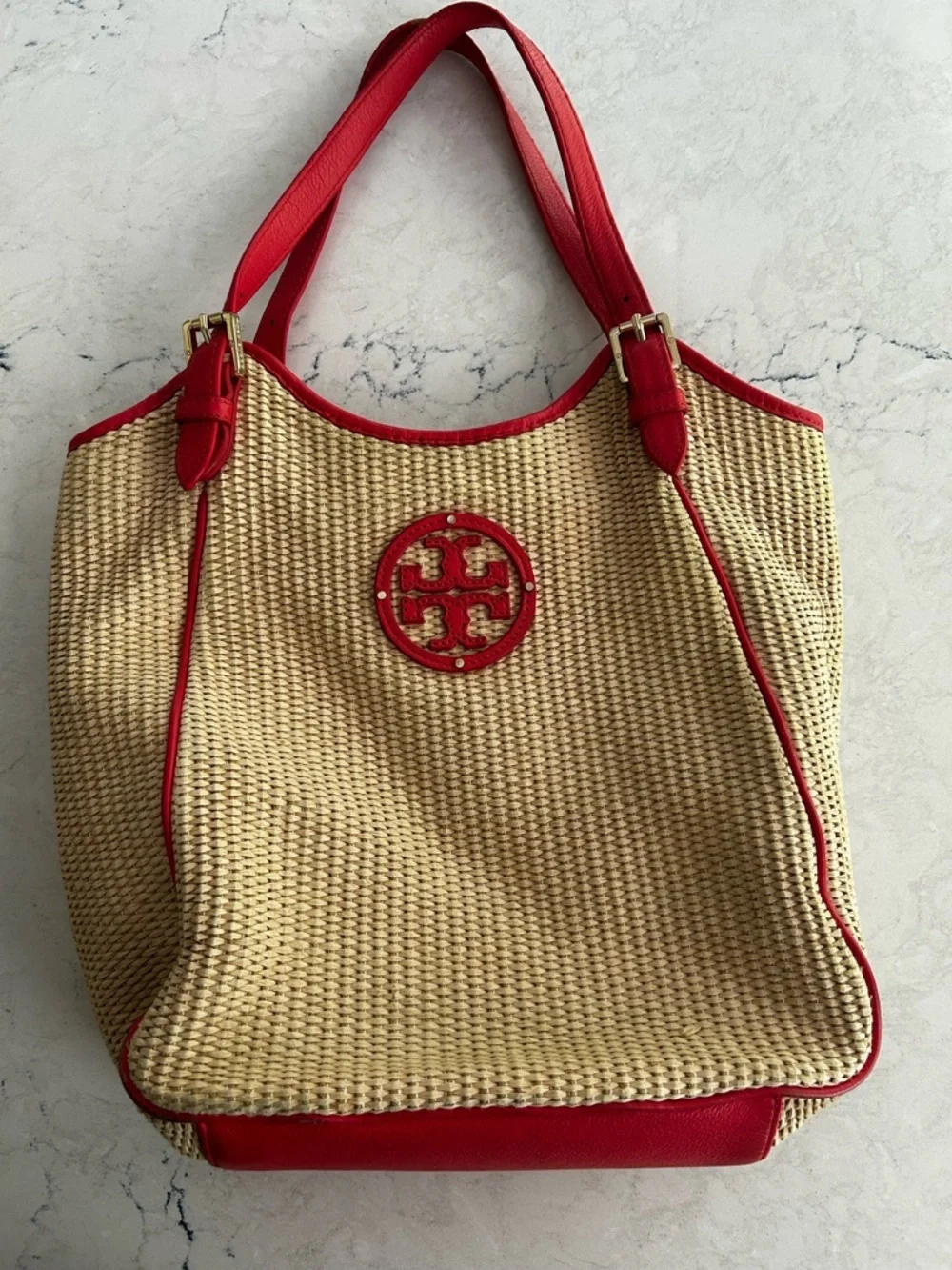 Tory Burch Natural Woven Tote with Red Trim